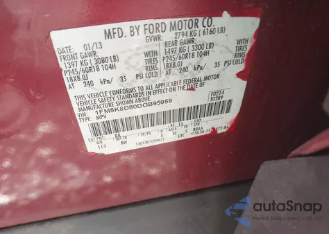 2013 Ford Explorer Xlt z USA, uszkodzony, nr VIN 1FM5K8D80DGB95959